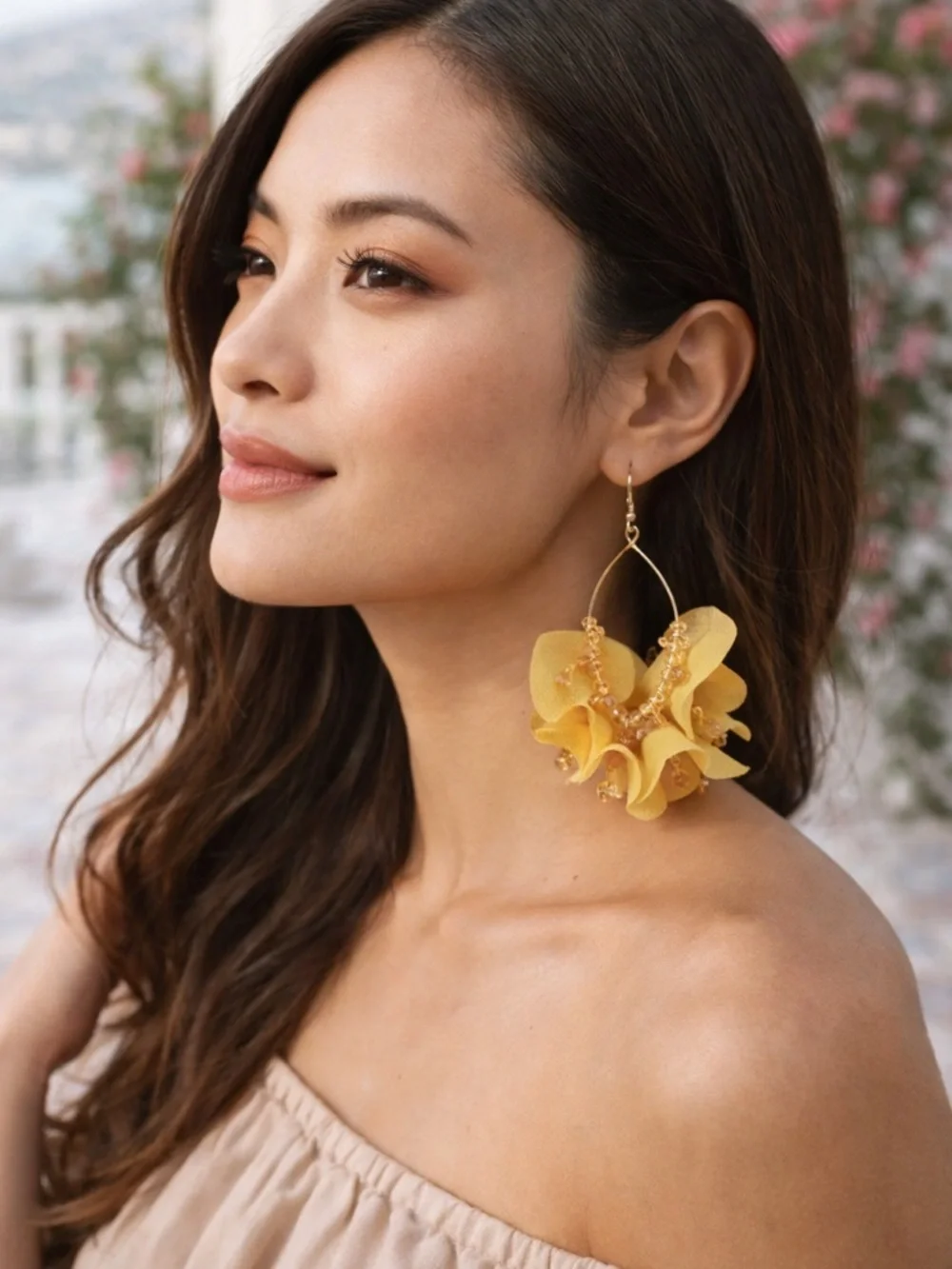 nOir Jewelry Yellow Floral Drop Earrings Gold Tone Statement Beaded